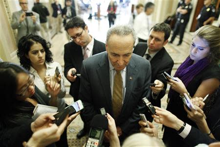 U.S. Senator Charles Schumer (D-NY) talks to reporters before a Senate Democratic caucus luncheon at the U.S. Capitol in Washington, October 15, 2013. REUTERS/Jonathan Ernst