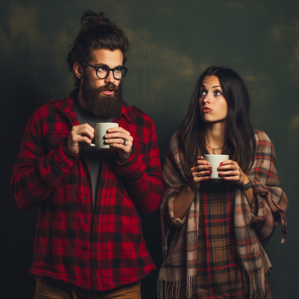 A man in glasses and a heavy beard and mustache stands next to a woman, both of them wearing plaid shirts and both holding mugs