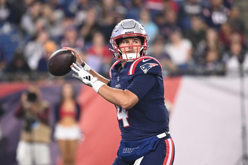 Aug 15, 2024; Foxborough, MA, USA; New England Patriots quarterback Bailey Zappe (4) looks to pass during the second half against the Philadelphia Eagles at Gillette Stadium. Mandatory Credit: Eric Canha-USA TODAY Sports