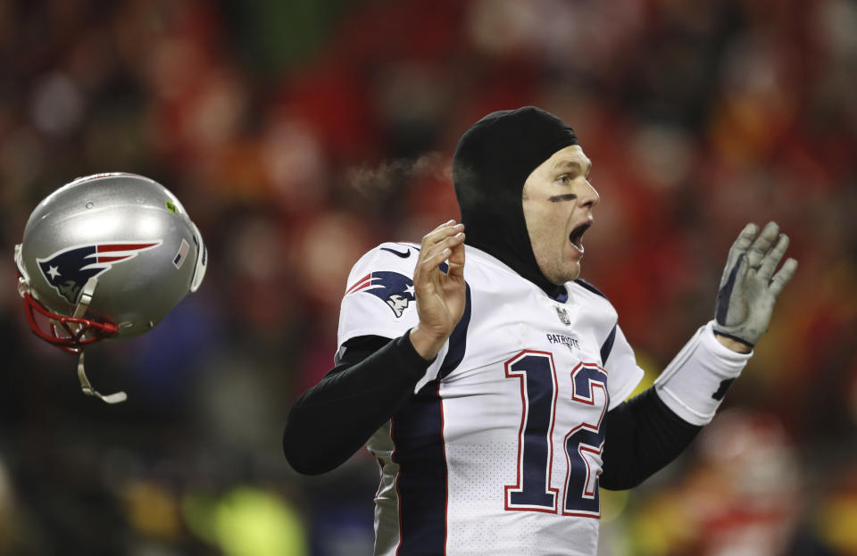 New England Patriots quarterback Tom Brady celebrates after defeating the Kansas City Chiefs in the AFC championship game on Sunday. (AP)