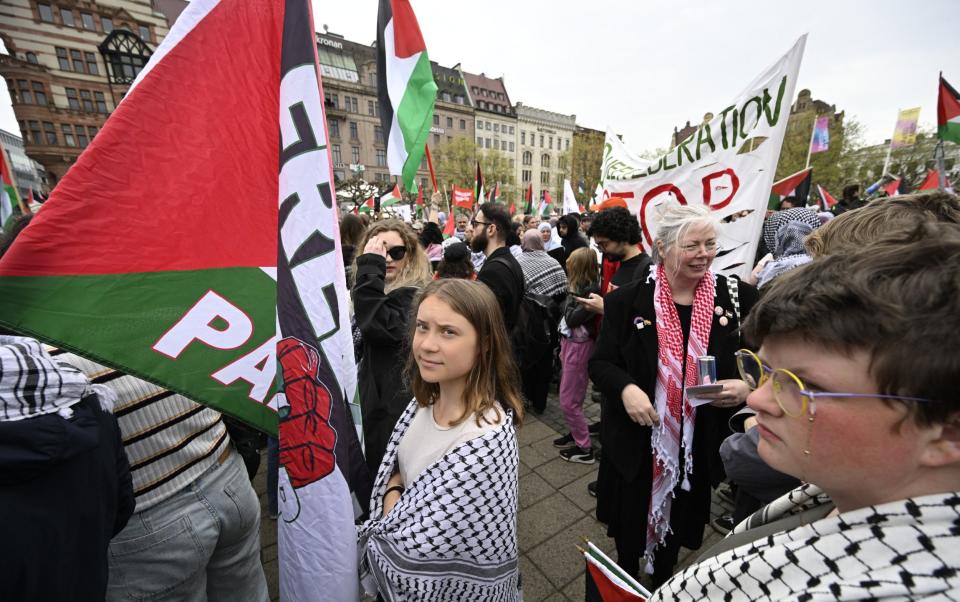 Greta Thunberg attends an anti-Israel protest in Malmo