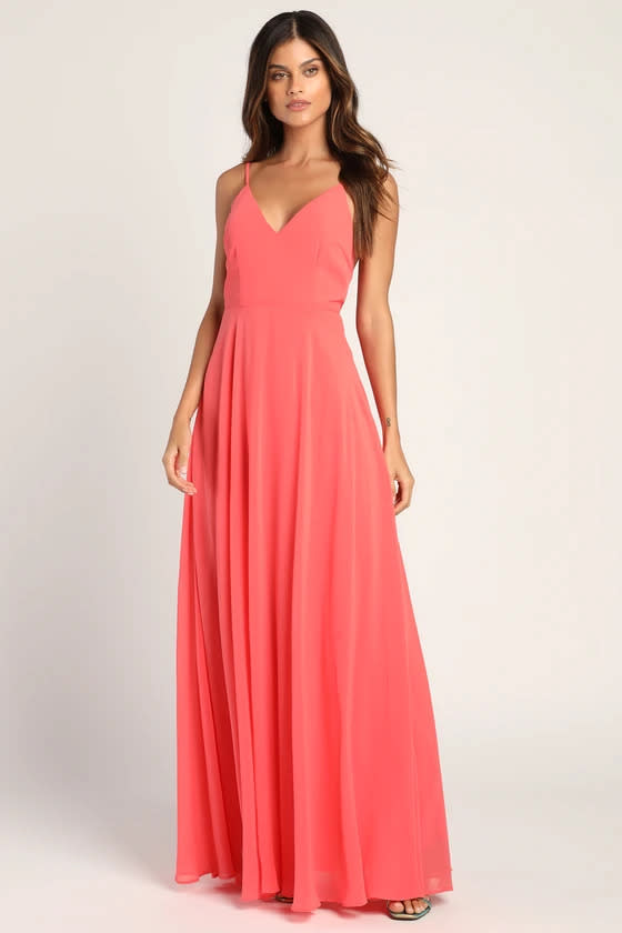 Straight to My Heart Coral Tie-Back Sleeveless Maxi Dress. Image via Lulus.