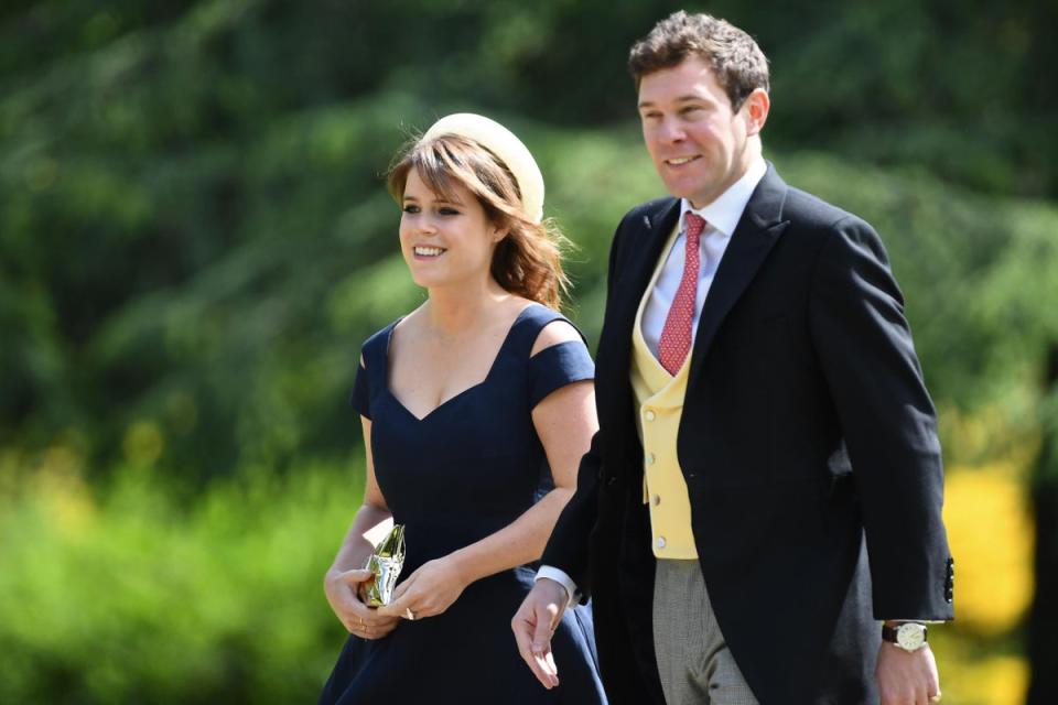 Princess Eugenie of York and Jack Brooksbank attending the wedding of Pippa Middleton and James Matthews at St Mark's Church in Englefield, west of London on 20 May 2017. (AFP/Getty Images)