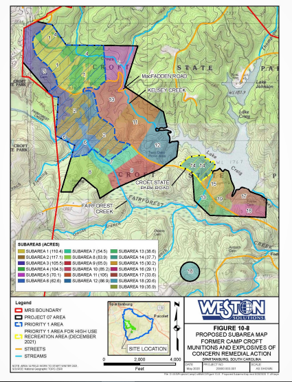 Map shows the western part of Croft State Park where contractors are searching for any explosives left over from Camp Croft, a World War II training site.