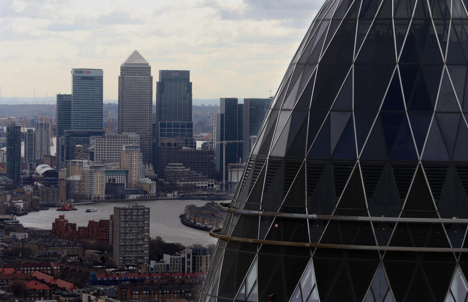 File photo dated 9/3/2017 of the London skyline as seen from Tower 42 with the 'Gherkin' (foreground), 30 St Mary Axe and Canary Wharf (background) prominent. The Financial Conduct Authority???s Brexit chief has warned there are still unknown risks of disruption to the financial sector should the UK crash out of the EU without a deal.