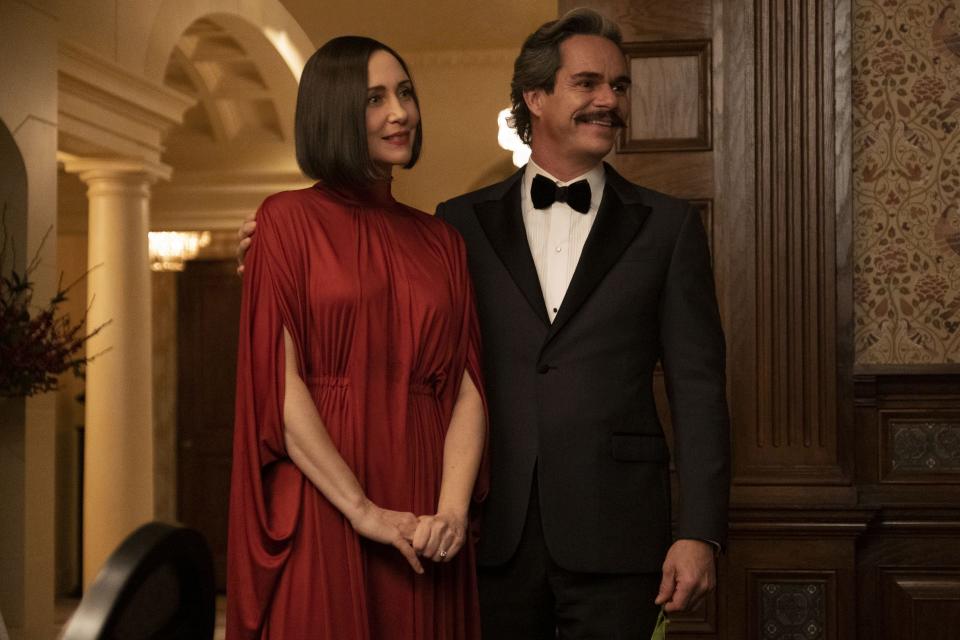 A still from Hawkeye episode one shows Vera Farmiga as Eleanor Bishop and Tony Dalton as Jack Duquensqe in their New York apartment