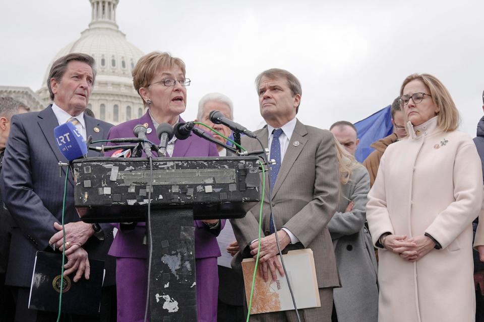 Rep. Marcy Kaptur, D-Ohio, center, speaks during a news conference to kick off Ukrainian Week 2024 on Capitol Hill Tuesday, Jan. 30, 2024, in Washington.