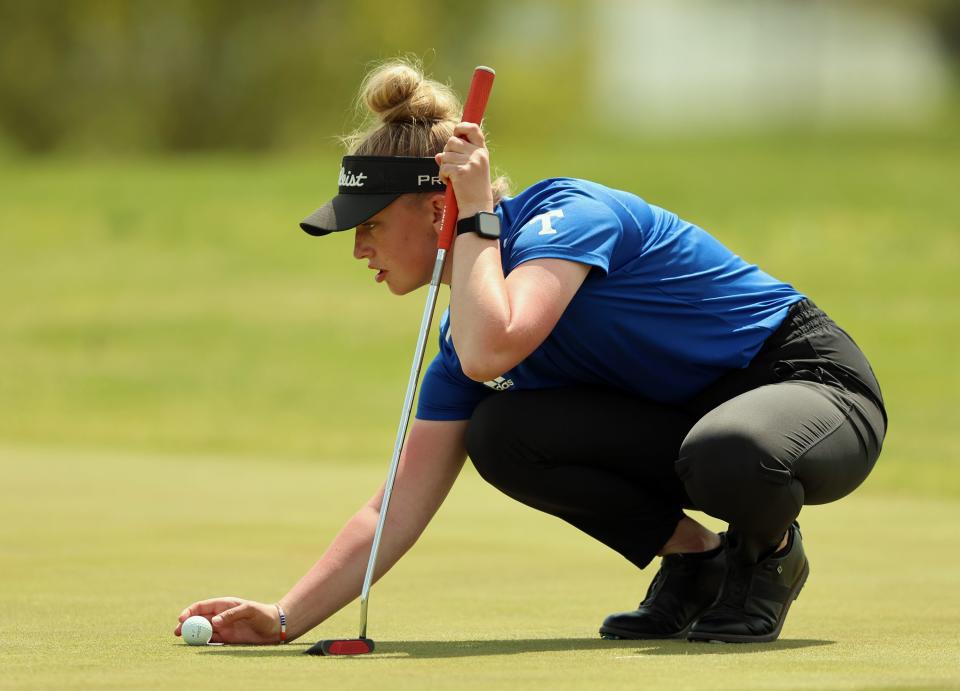 Timpview’s Emma Lillywhite lines up her ball as she competes in the 5A girls high school state championships at Remuda Golf Course in Ogden on Tuesday, May 9, 2023. | Scott G Winterton, Deseret News