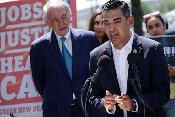 PHOTO: Rep. Robert Garcia, D-Calif., speaks as Sen. Ed Markey, D-Mass., and other participants listen during a news conference on the Green New Deal in front of the U.S. Capitol on April 20, 2023, in Washington, D.C. (Alex Wong/Getty Images, FILE)