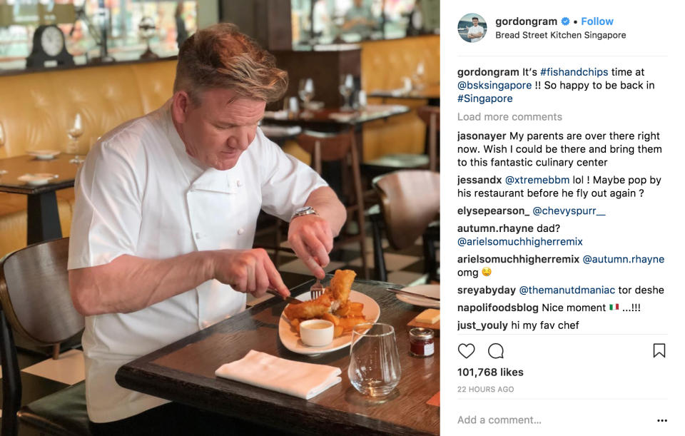 Celebrity chef Gordon Ramsay enjoying a plate of fish and chips at his Bread Street Kitchen restaurant in Singapore. (Photo: @gordongram/Instagram)