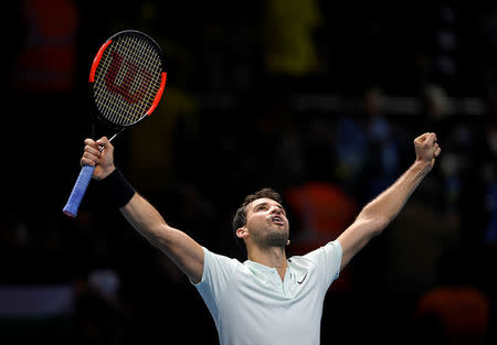 Tennis - ATP World Tour Finals - The O2 Arena, London, Britain - November 15, 2017 Bulgaria's Grigor Dimitrov celebrates winning his group stage match against Belgium's David Goffin Action Images via Reuters/Tony O'Brien