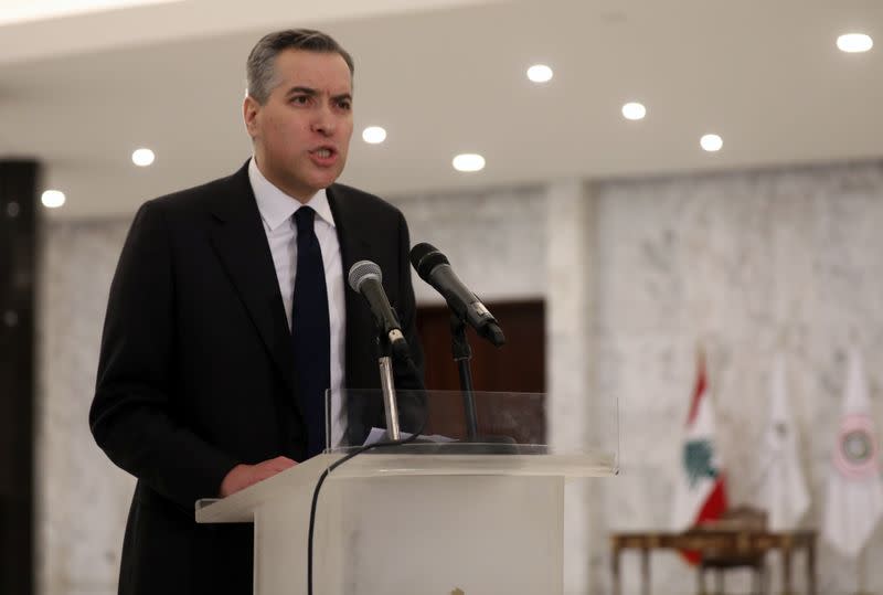 Lebanon's Prime Minister-designate Mustapha Adib speaks at the presidential palace in Baabda