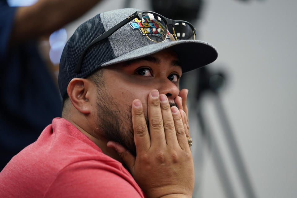 Alfred Garza III, father of school shooting victim Amerie Jo Garza, attends a special emergency city council meeting, Tuesday, June 7, 2022, in Uvalde, Texas, to reissue the mayor's declaration of a local state of disaster due to the recent school shooting at Robb Elementary School. Two teachers and 19 students were killed. (AP Photo/Eric Gay)