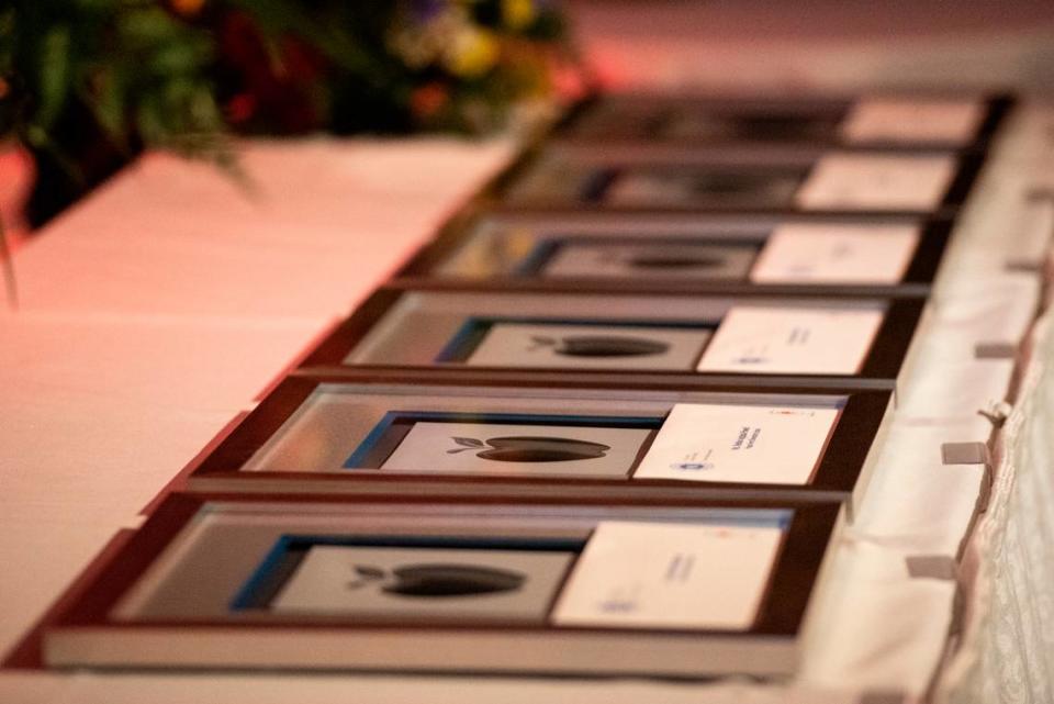 Awards sit on a table during the 2024 Leo W. Seal Innovative Teacher Grants Awards Luncheon at the Great Southern Club in Gulfport on Friday, Jan. 26, 2024.