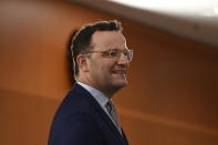 German Health Minister Jens Spahn arrives for the weekly cabinet meeting at the chancellery in Berlin, Germany, Wednesday, August 12, 2020. (Tobias Schwarz/Pool Photo via AP)