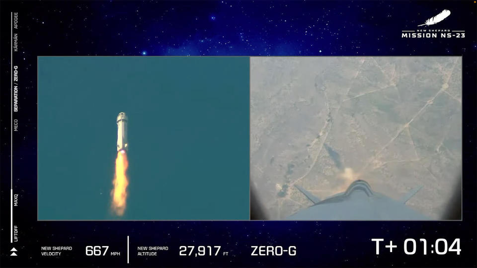 A sudden burst of flame erupting from the bottom of the single-stage rocket indicates a major malfunction (left). A camera on the rocket shows Earth dropping away below. / Credit: Blue Origin webcast