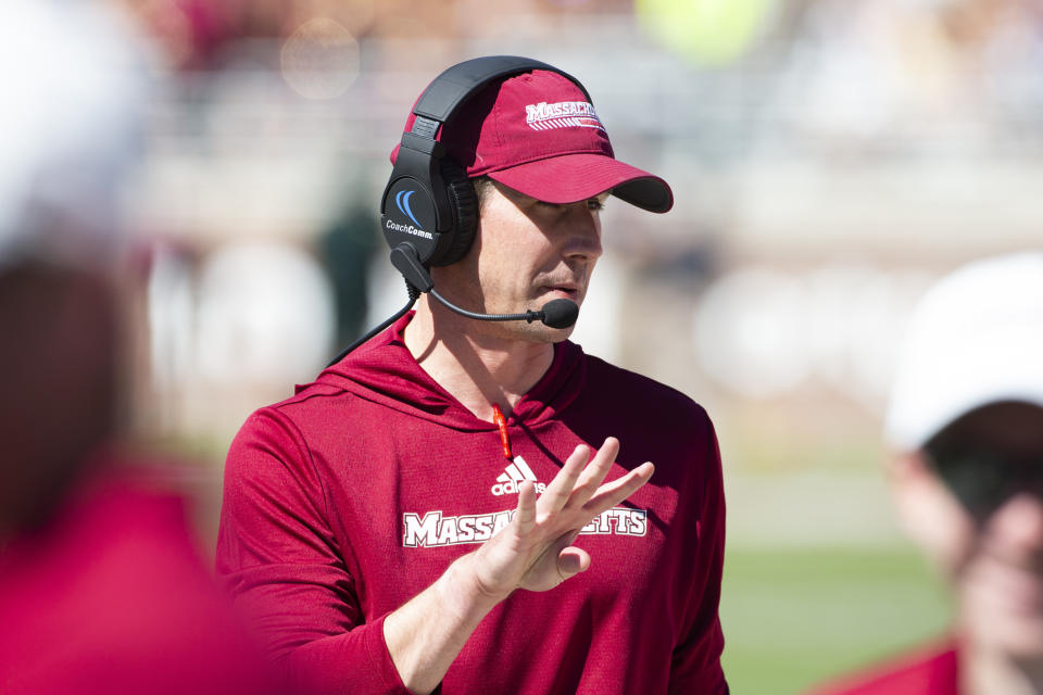 Massachusetts head coach Walt Bell directs his team in the first half of an NCAA college football game against Florida State in Tallahassee, Fla., Saturday, Oct. 23, 2021. (AP Photo/Mark Wallheiser)