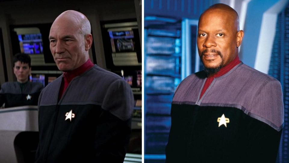 Picard wearing the First Contact, Insurrection, and Nemesis Starfleet uniforms, also worn by Ben Sisko and the crew of Deep Space Nine.