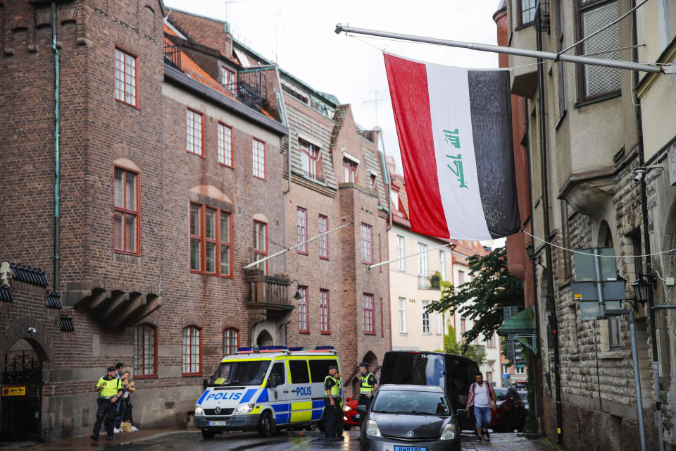 Preparations for a demonstration outside Iraq's embassy in Stockholm, Thursday, July 20, 2023. (Caisa Rasmussen/TT via AP)