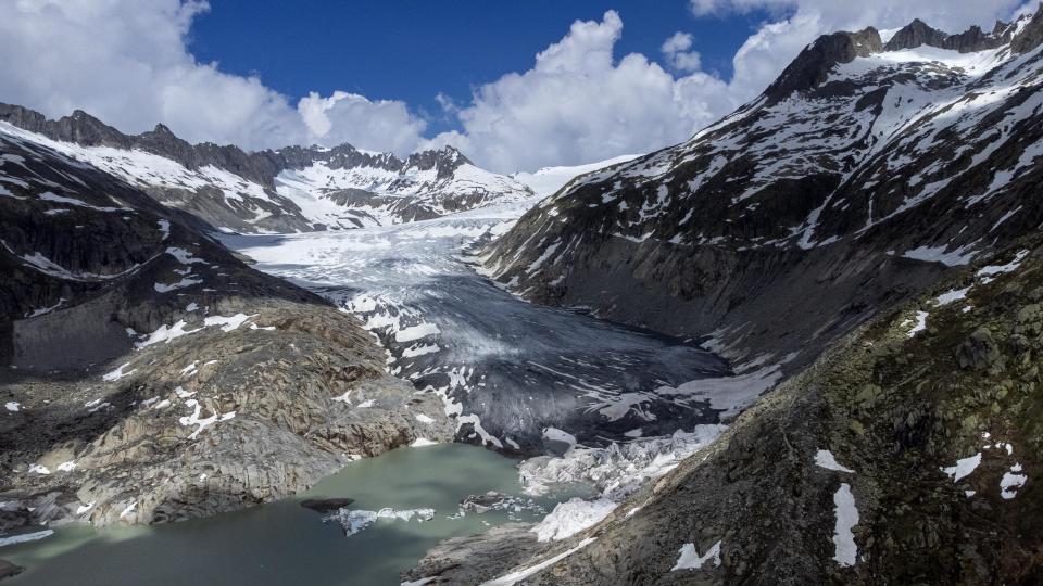 FILE - A lake of meltwater has formed on the tongue of the Rhone Glacier near Goms, Switzerland, on June 13, 2023. Europe is the fastest-warming continent and its temperatures are rising at roughly twice the global average, two top climate monitoring organizations reported Monday, April 22, 2024, warning of the consequences for human health, glacier melt and economic activity. (AP Photo/Matthias Schrader, File)