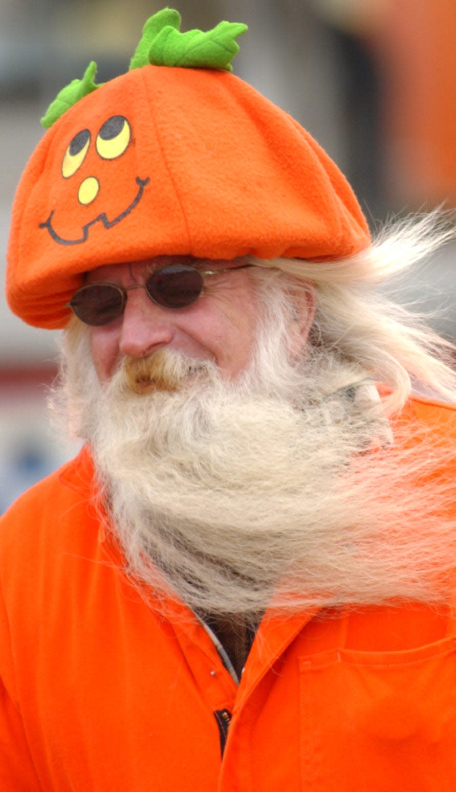 Nov. 3, 2007: Ken "Mad Dog" Haynes, of Millsboro, braving high winds and flying pumpkins during second day of the annual Punkin Chunkin competition.