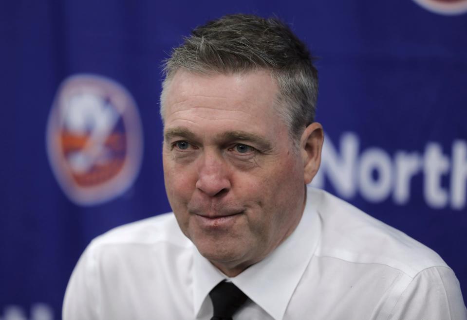 New York Islanders coach Patrick Roy speaks to reporters after team's 3-2 overtime loss to the Florida Panthers in an NHL hockey game Saturday, Jan. 27, 2024, in Elmont, N.Y.