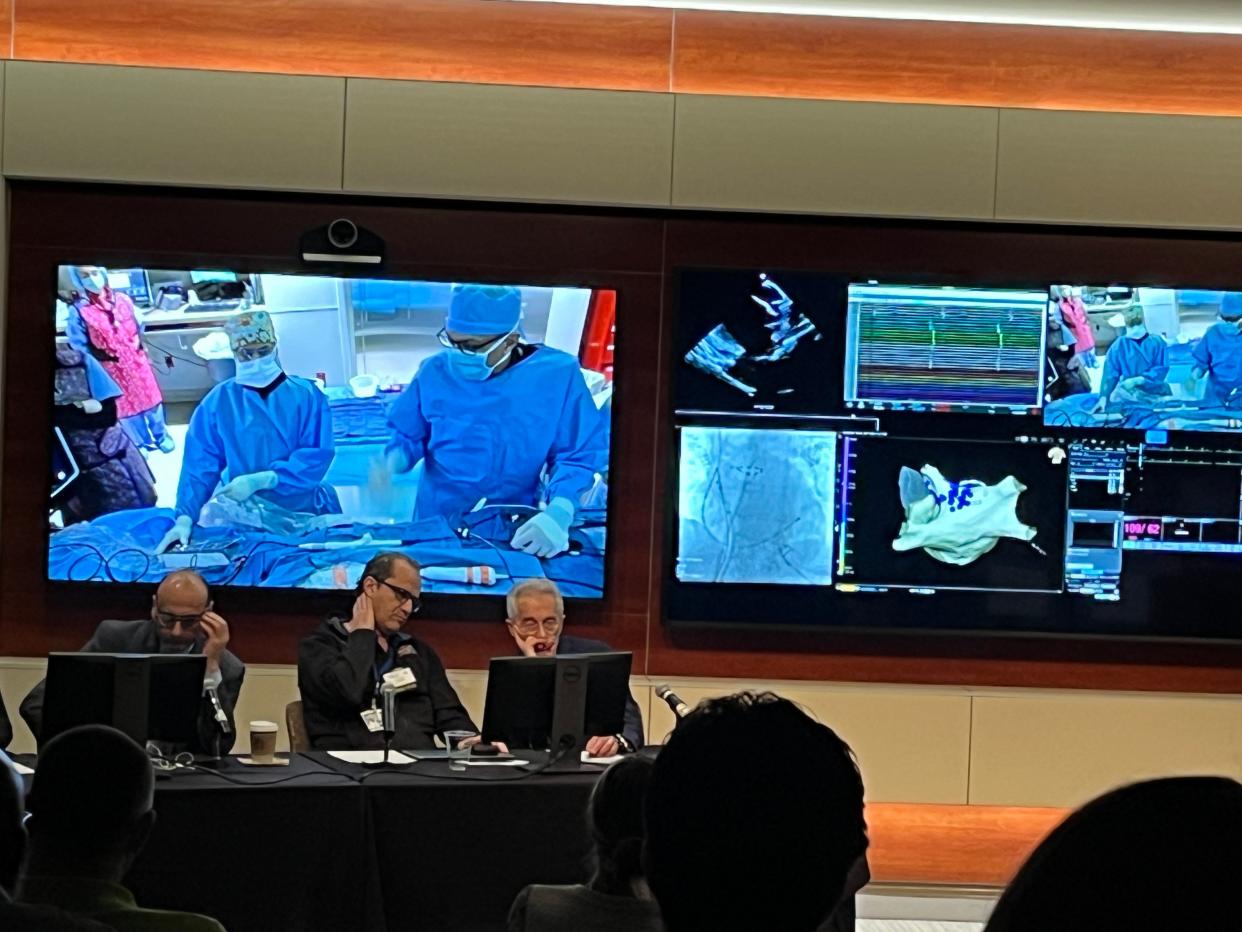 Conference moderators and attendees watch Dr. Amin Al-Ahmad use the pulsed field ablation system live April 18 during a conference at St. David's Medical Center.