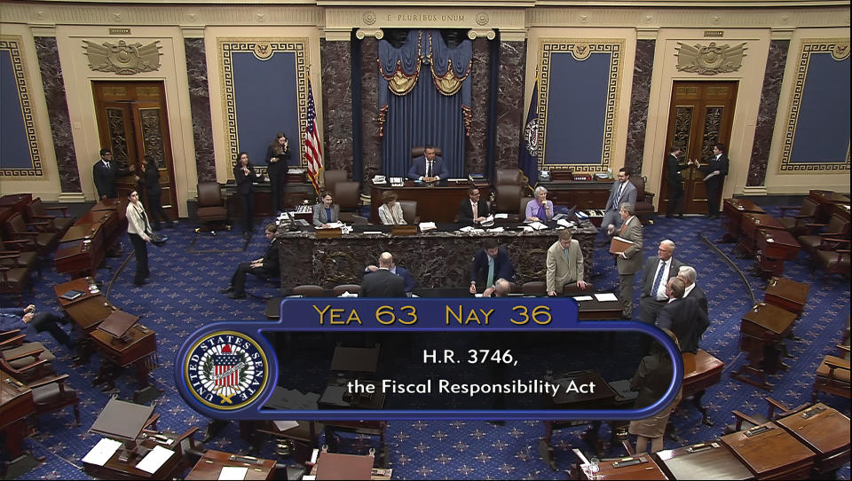 In this image from Senate Television, the final vote of 63-36 shows passage of the bill to raise the debt ceiling Thursday night, June 1, 2023, in the Senate at the Capitol in Washington. President Joe Biden is expected to quickly sign the bill that will stave off default. (Senate Television via AP)