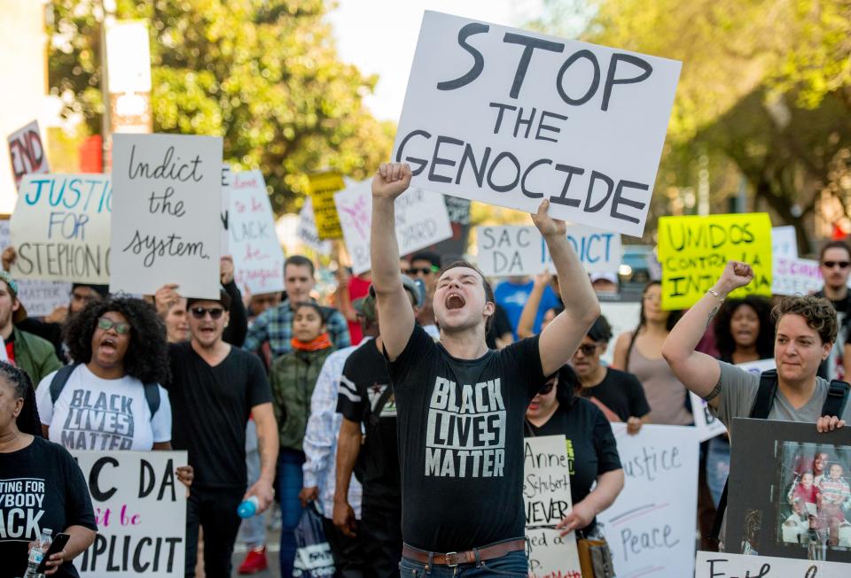 Black Lives Matter protesters march through the streets of Sacramento, California, on March 28 in response to the police shooting of Stephon Clark. (Photo: Josh Edelson/AFP/Getty Images)