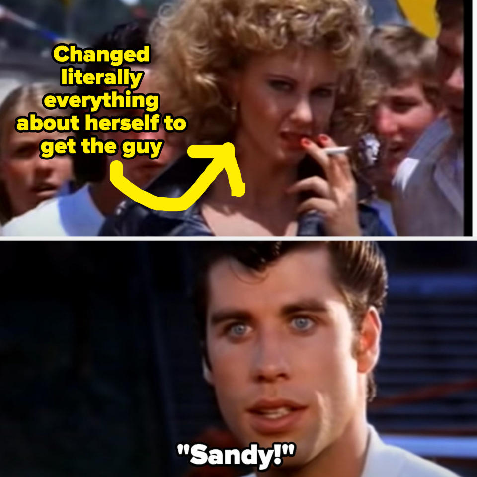 Sandy shows up with a cigarette in leather and Danny exclaims "Sandy!"