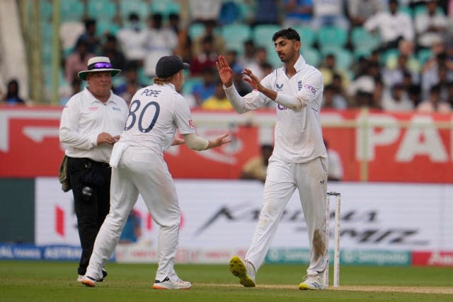 Shoaib Bashir celebrates the wicket of India’s Axar Patel 