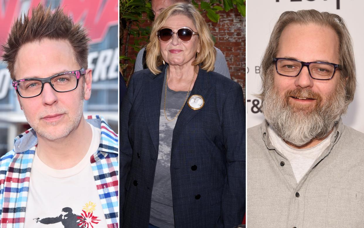 From left: James Gunn, Roseanne Barr, and Dan Harmon. (Getty)