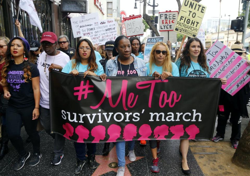 <span class="caption">Participants march against sexual assault and harassment at the #MeToo march.</span> <span class="attribution"><span class="source">AP Photo/Damian Dovarganes</span></span>