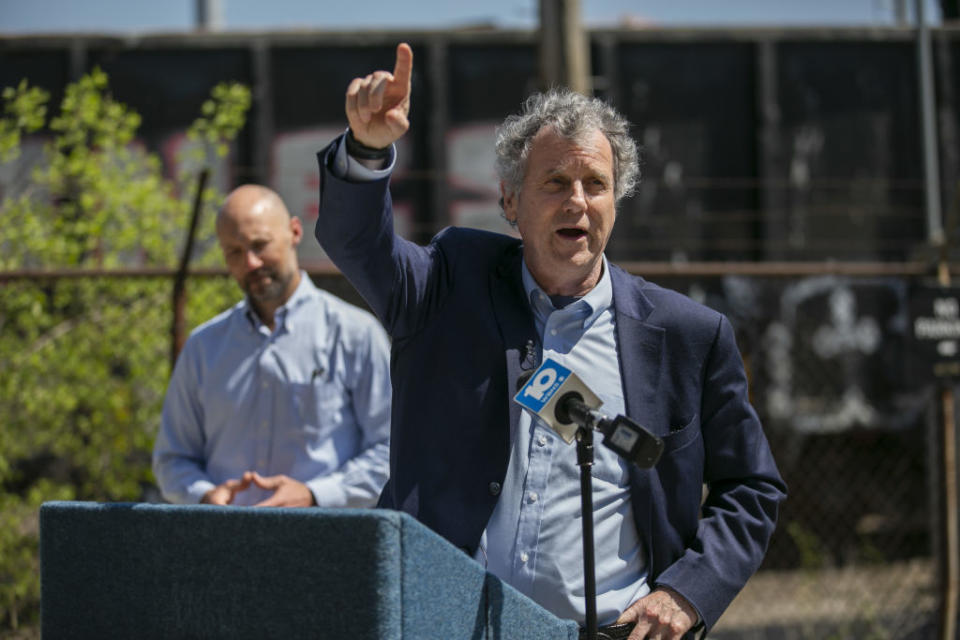 Senator Sherrod Brown, a Democrat from Ohio, speaks during a rail safety event in Columbus, Ohio, on April 12, 2023.<span class="copyright"> Maddie McGarvey—Bloomberg via Getty Images</span>