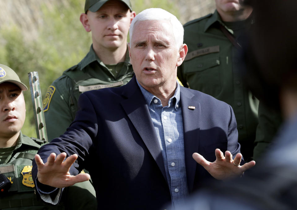 Vice President Mike Pence speaks along the border with Mexico while meeting with border patrol agents, Thursday, April 11, 2019, in Nogales, Ariz. (AP Photo/Matt York)