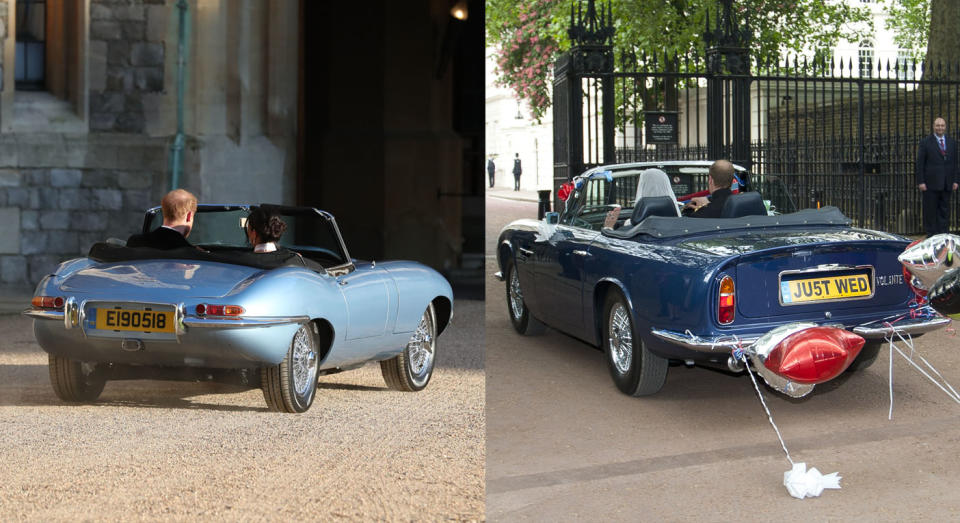 Heading to their ceremony, Harry and Meghan rode in a vintage Jagaur while the Duke and Duchess rode in a dark blue Aston Martin. [Photos: Getty]