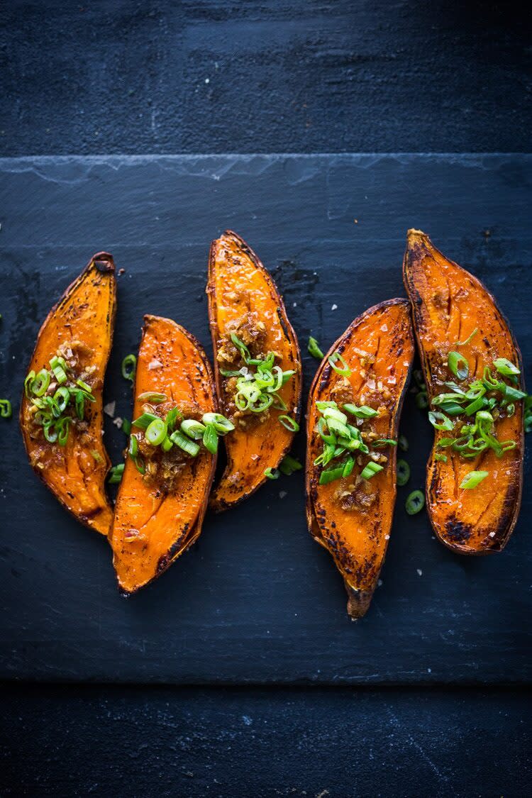 <strong><a href="https://www.feastingathome.com/roasted-sweet-potatoes-with-miso/" target="_blank" rel="noopener noreferrer">Kyoto-Style, Roasted Sweet Potatoes with Miso, Ginger and Scallions from Feasting At Home﻿</a></strong>
