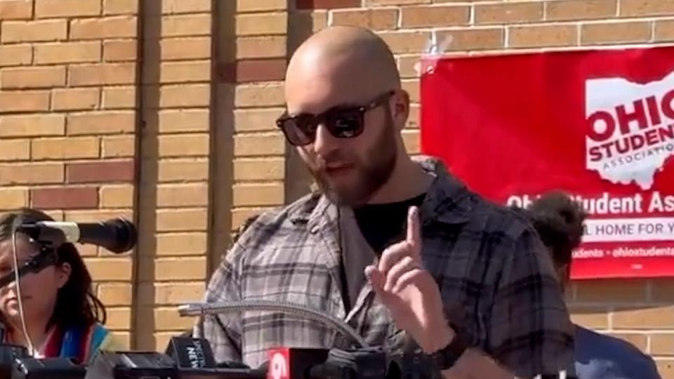 Paul Prediger, one of the men shot by Rittenhouse, addressed the crowd of protesters at Kent State University.