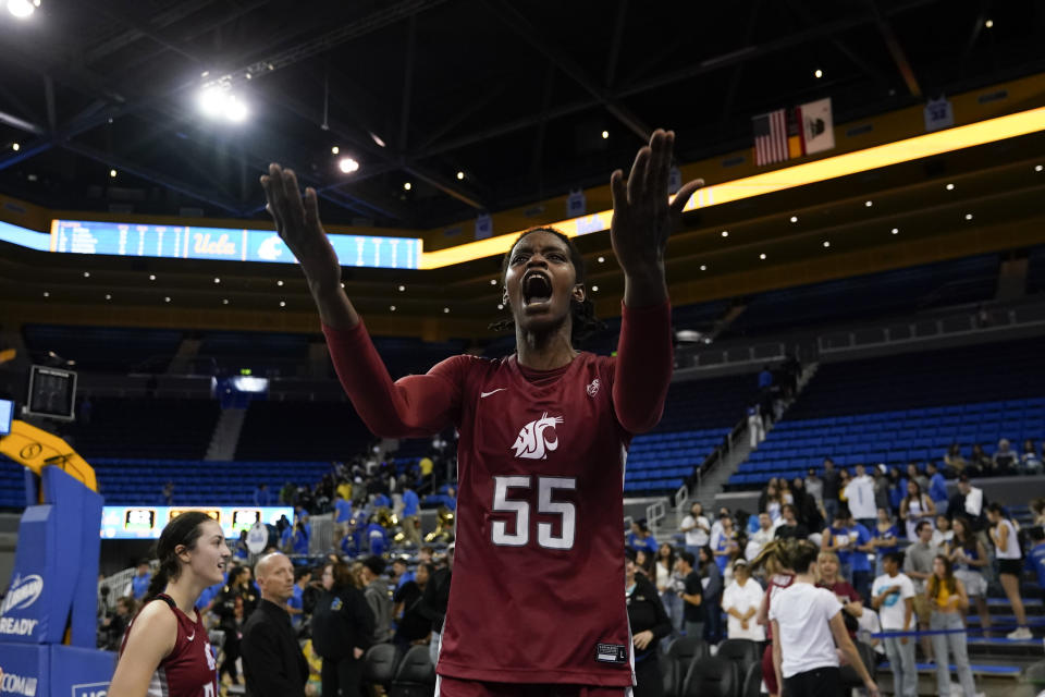 Washington State center Bella Murekatete reacts after her team's win over UCLA in an NCAA college basketball game, Sunday, Jan. 28, 2024, in Los Angeles. (AP Photo/Ryan Sun)