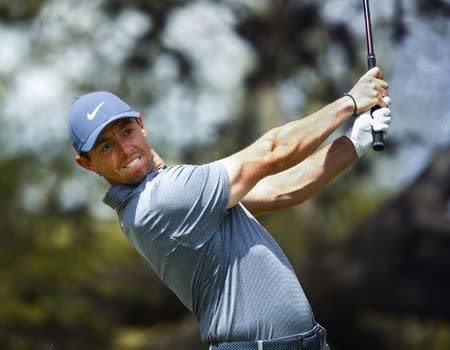 Mar 22, 2018; Austin, TX, USA; Rory McIlroy of Ireland tees off on number 10 during the second round of the WGC - Dell Technologies Match Play golf tournament at Austin Country Club. Mandatory Credit: Erich Schlegel-USA TODAY Sports