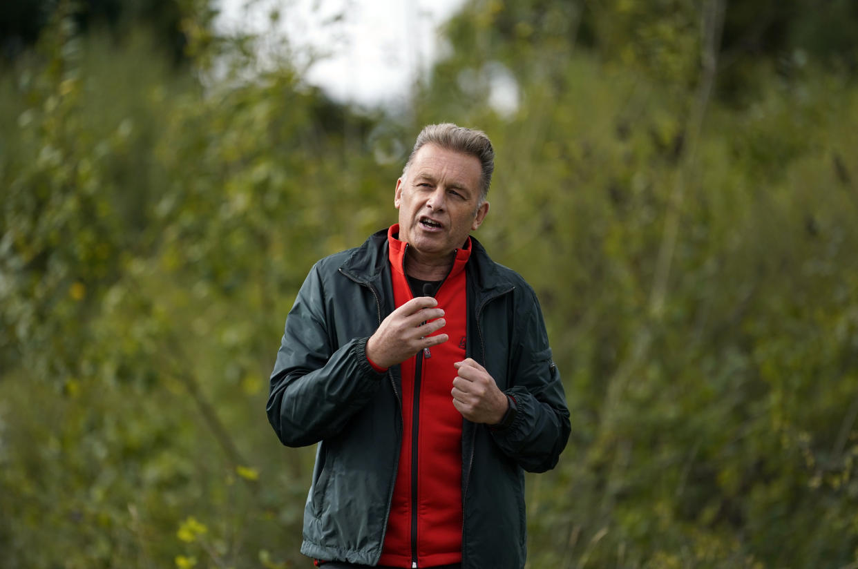 Conservationist Chris Packham gives a speech to wildlife supporters during a conversation about nature at Bassetts Mead country park, near Hook in Hampshire, the constituency of Environment Secretary Ranil Jayawardena. Picture date: Friday October 7, 2022. (Photo by Andrew Matthews/PA Images via Getty Images)
