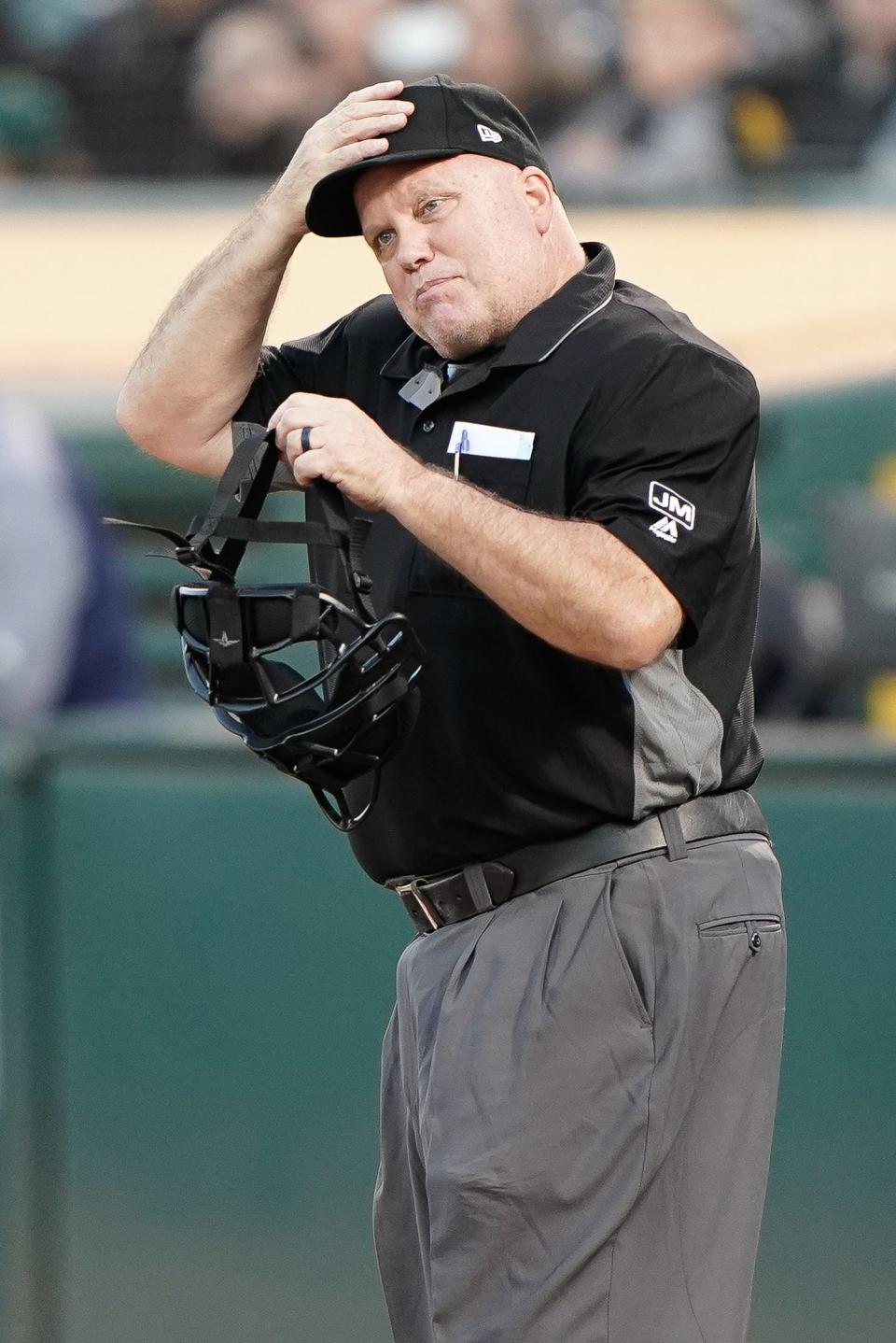 Umpire Brian O'Nora during a game between the Seattle Mariners and Oakland Athletics at the Oakland Coliseum in 2019.