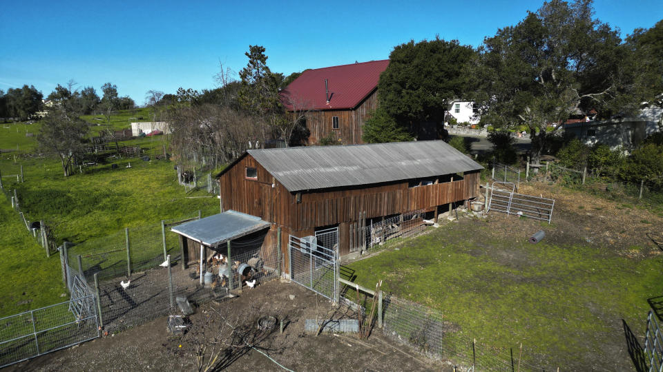 HOLD FOR USE WITH STORY MOVING 12:30am ET Saturday, Jan. 27, 2024-Aerial view of Ettamarie Peterson's farm, where she has a flock of about 50 chickens that produce eggs she sells. She's concerned her flock could be infected with avian flu. Petaluma, Calif. on Thursday, Jan. 11, 2024. A year after the bird flu led to record egg prices and widespread shortages, the disease known as highly pathogenic avian influenza is wreaking havoc in California, which escaped the earlier wave of outbreaks that that devastated poultry farms in the Midwest. (AP Photo/Terry Chea)