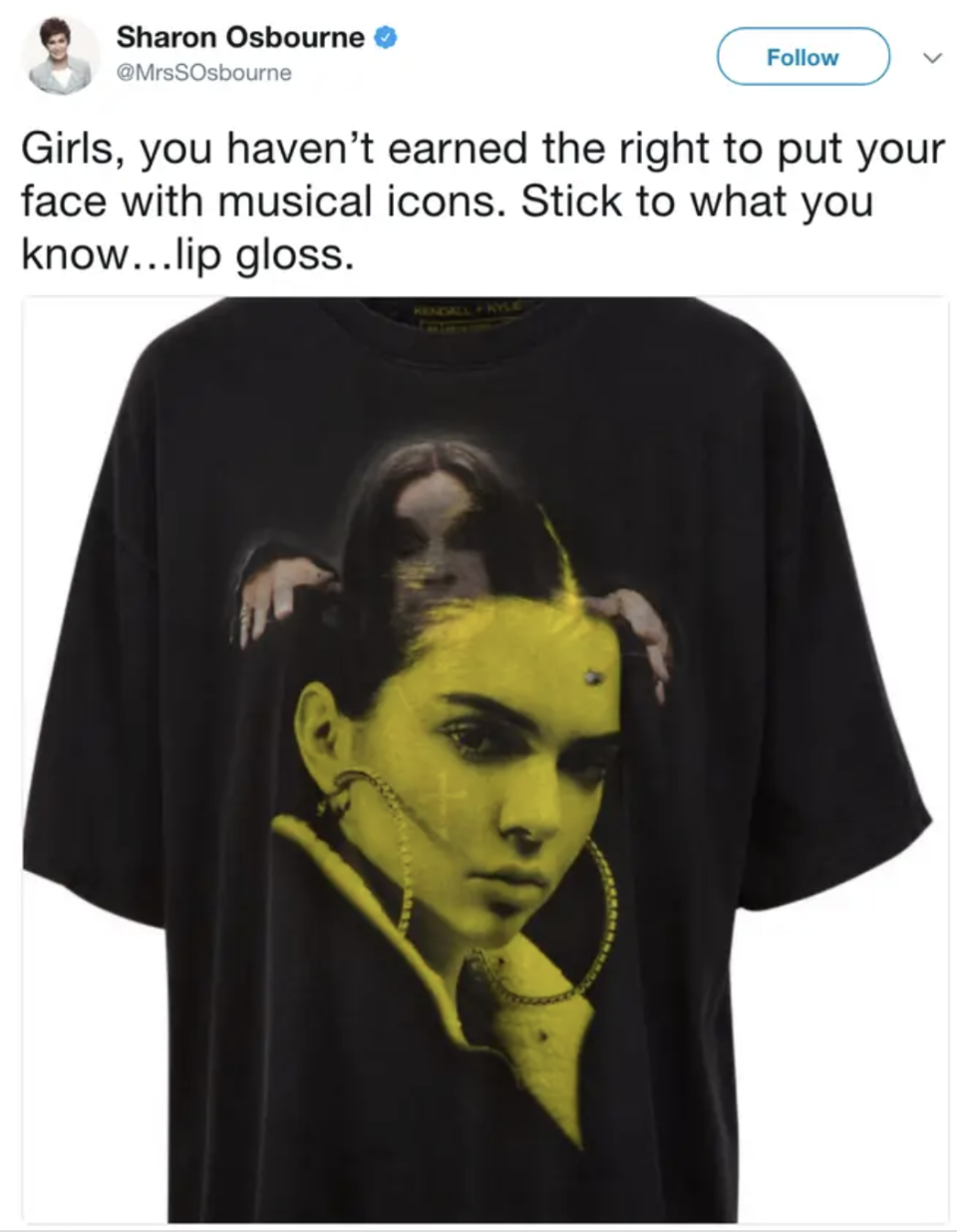 A tweet from Sharon Osborne with a photo of a tshirt featuring Kendall Jenner's face superimposed over Ozzy Osbourne's