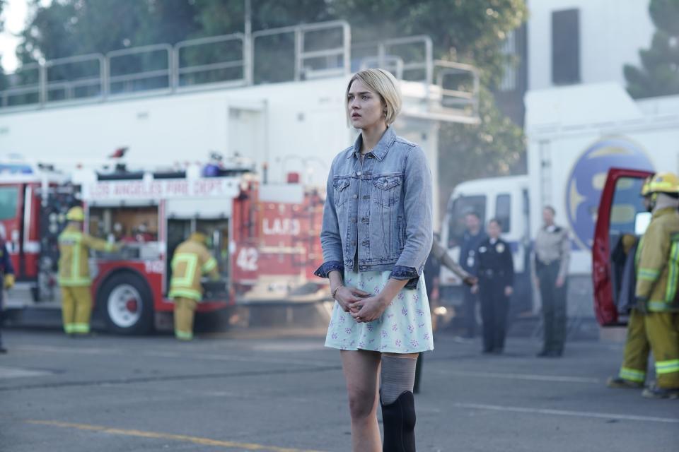 Amputee Zyra Gorecki stands on set during the pilot of NBC's "La Brea."