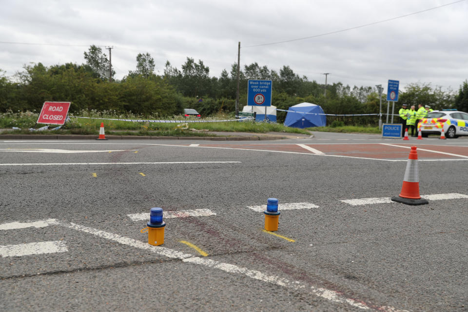 What appears to be a trail of blood leading from Lambdens Hill across the A4, at the scene of an incident, near Sulhamstead, Berkshire, where a Thames Valley Police officer was killed whilst attending a reported burglary on Thursday evening.