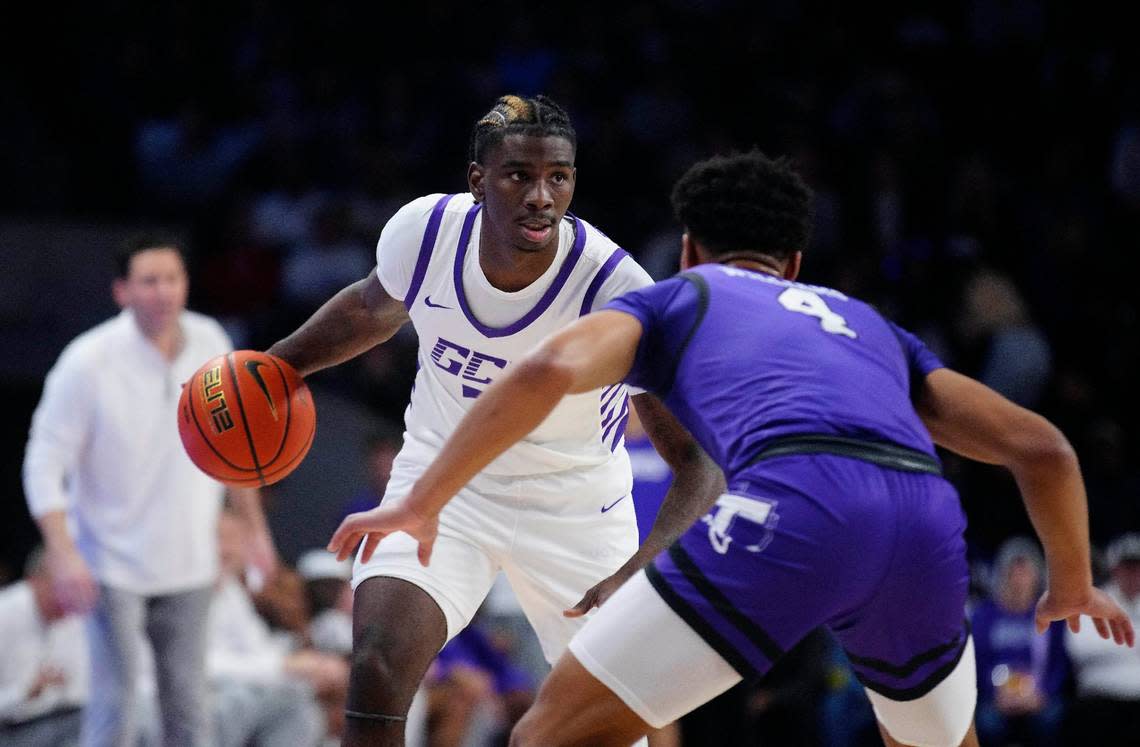 Grand Canyon guard Tyon Grant-Foster (7) drives against Tarleton State guard Lue Williams (4) during a game at Grand Canyon University in Phoenix on Jan. 13, 2024.