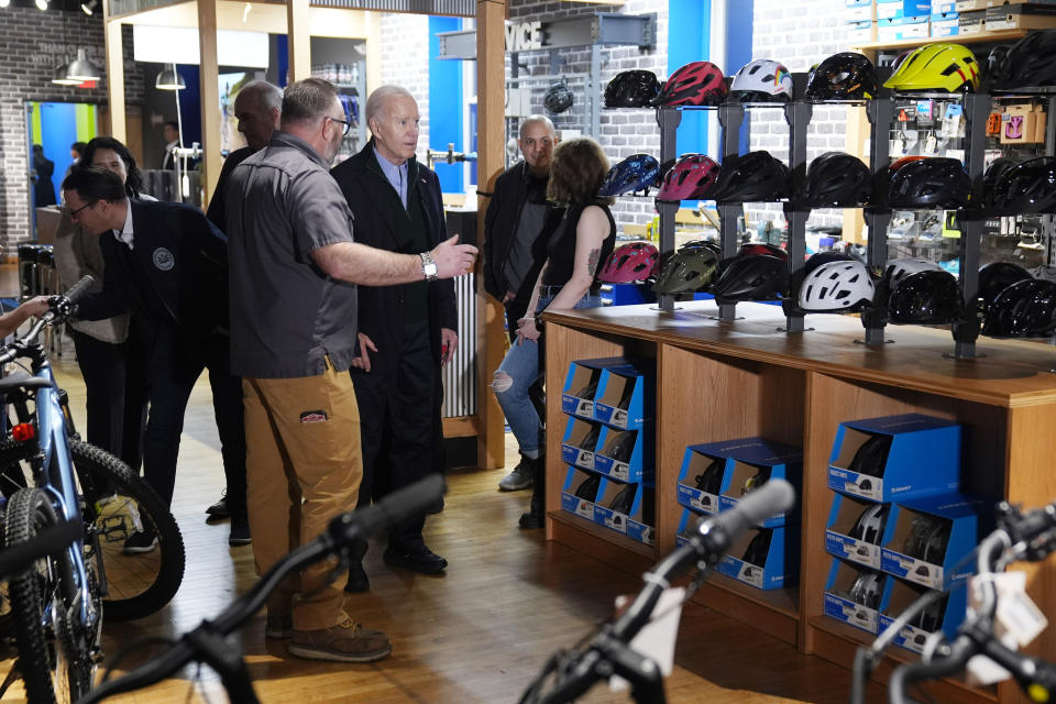 President Joe Biden tours the South Mountain Cycle store, during a visit to discuss his economic agenda, Friday, Jan. 12, 2024, in Emmaus, Pa. (AP Photo/Evan Vucci)