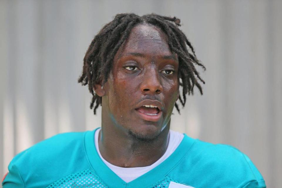 Miami Dolphins safety Verone McKinley (32) speaks to reporters after practice at Dolphins Rookie Minicamp at the Baptist Health Training Complex in Miami Gardens on Saturday, May 14, 2022.