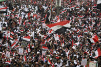 Followers of Shiite cleric Muqtada al-Sadr gather in Baghdad, Iraq, Friday, Jan. 24, 2020. Thousands of supporters of an influential, radical Shiite cleric gathered Friday in central Baghdad for a rally to demand that American troops leave the country amid heightened anti-US sentiment after a drone strike ordered by Washington earlier this month killed a top Iranian general in the Iraqi capital. (AP Photo)